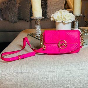 MICHAEL KORS Perforated Flap Crossbody Purse & ID Wallet -Hot Pink